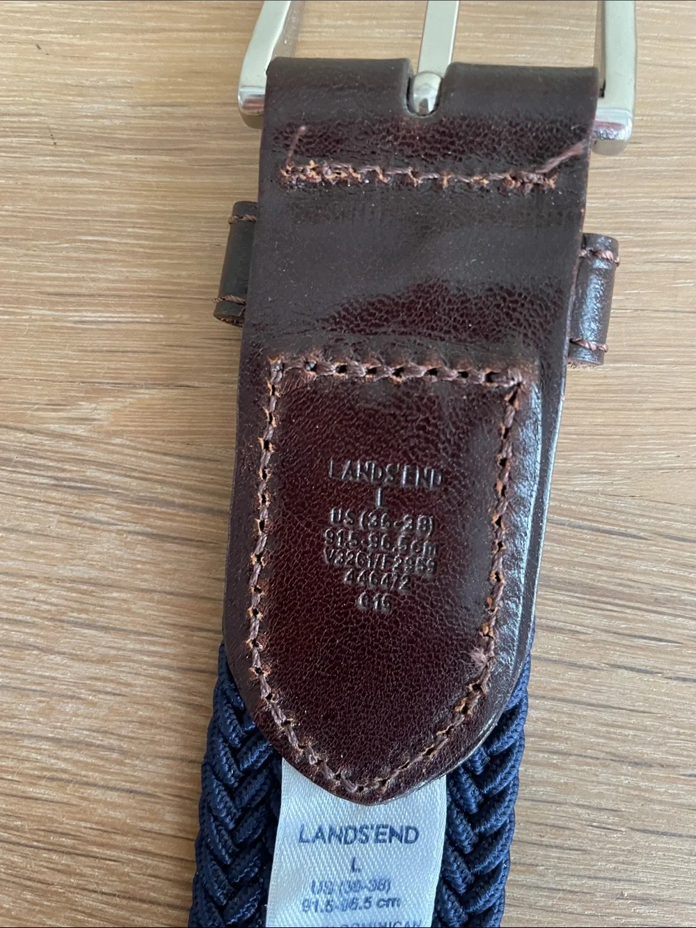LANDS’ END MEN’S BRAIDED STRETCH BELT Size L (36 - 38) Navy Blue Leather Trim
